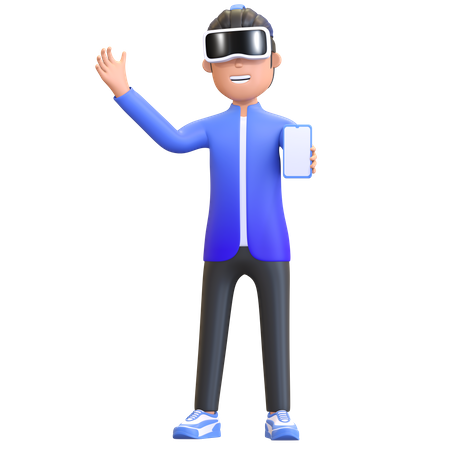 Menino usando fone de ouvido de realidade virtual e segurando smartphone  3D Illustration