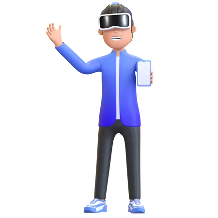 Menino usando fone de ouvido de realidade virtual e segurando smartphone  3D Illustration