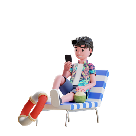 Menino usando celular enquanto está sentado na cadeira de praia  3D Illustration