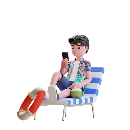 Menino usando celular enquanto está sentado na cadeira de praia  3D Illustration
