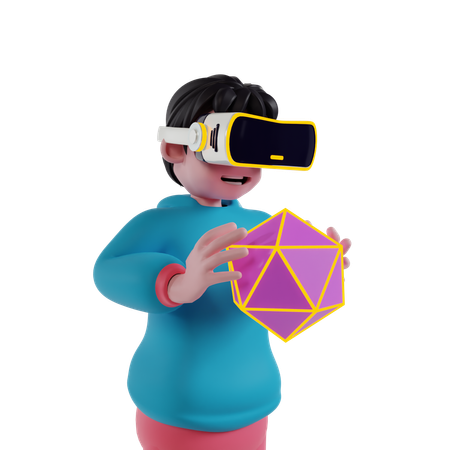 Menino usando óculos VR e resolvendo quebra-cabeças virtuais  3D Illustration