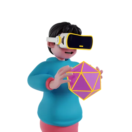 Menino usando óculos VR e resolvendo quebra-cabeças virtuais  3D Illustration