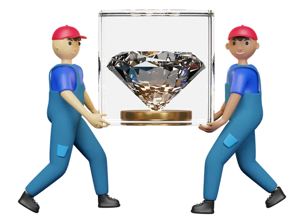 Servicio De Entrega O Reubicacion De Personajes De Dibujos Animados Para Empresas De Articulos De Valor Repartidores De Diamantes Con Caja De Vidrio Y Podio Dorado 3D Illustration