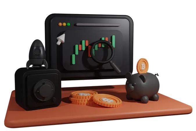 Ilustracao Do Mercado Criptografico De Acoes On Line Para Projetos Financeiros Com Foguete Cofre Bitcoin E Muito Mais 3D Illustration