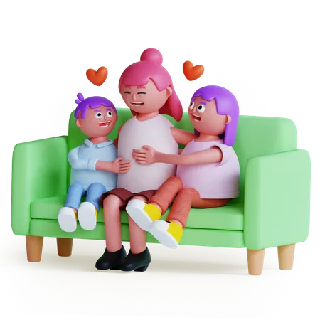 Mère avec enfants assis sur un canapé  3D Illustration