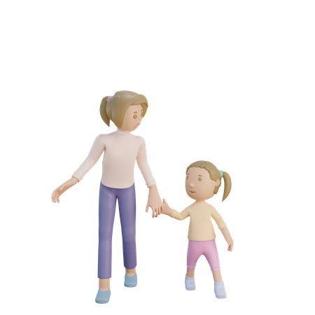 Mère et fille marchant ensemble  3D Illustration
