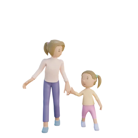 Mère et fille marchant ensemble  3D Illustration