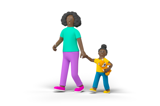 Mère marchant avec sa fille  3D Illustration
