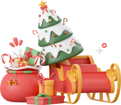 Christmas Bag And Decorations With Christmas Tree On Sleigh Christmas Theme Elements 3 D Illustration 3D Icon
