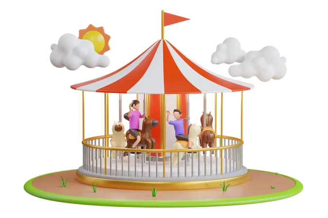 Carousel With Horses Or Merry Go Round For Children Sitting On Carousel Horse 3 D Illustration 3D Illustration