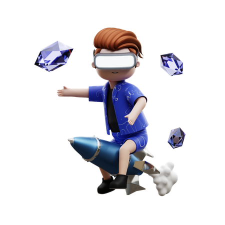 Personagem do metaverso montando foguete  3D Illustration