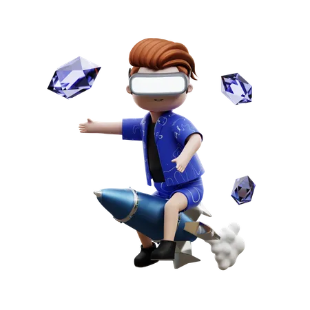 Personagem do metaverso montando foguete  3D Illustration