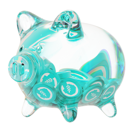 Metis Clear Glass Piggy Bank With Decreasing Piles Of Crypto Coins  3D Icon