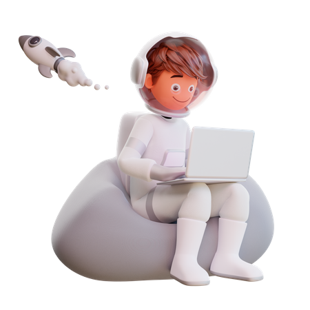 Un astronaute mignon s'assoit et tient un ordinateur portable  3D Illustration