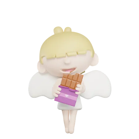 Mignon cupidon mangeant du chocolat  3D Illustration