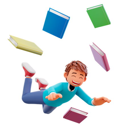 Un garçon mignon tombe avec de nombreux livres  3D Illustration