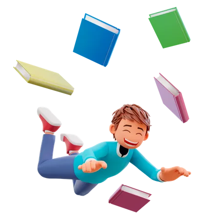 Un garçon mignon tombe avec de nombreux livres  3D Illustration