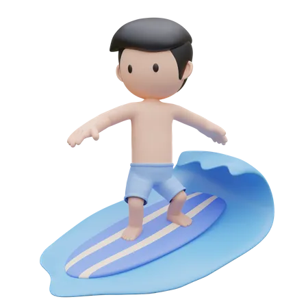 Garçon mignon surfant sur une planche de surf sur la mer en été  3D Illustration