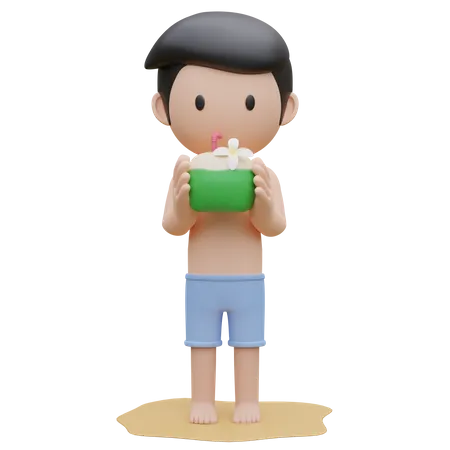 Garçon mignon tenant la noix de coco sur la plage en été  3D Illustration