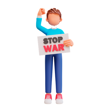 Garçon mignon tenant l'affiche d'arrêt de la guerre  3D Illustration