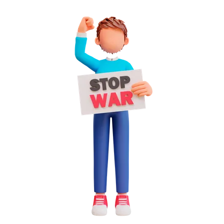 Garçon mignon tenant l'affiche d'arrêt de la guerre  3D Illustration