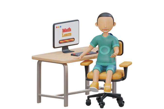 Mignon petit enfant étudie sur ordinateur  3D Illustration