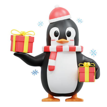 Un pingouin mignon apporte des coffrets cadeaux  3D Illustration