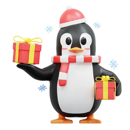 Un pingouin mignon apporte des coffrets cadeaux  3D Illustration