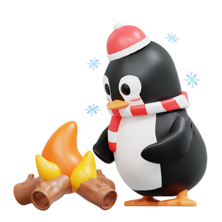 Pingouin mignon avec feu de joie  3D Illustration