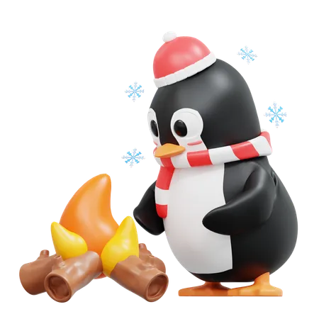 Pingouin mignon avec feu de joie  3D Illustration