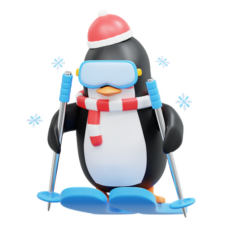 Pingouin mignon appréciant le ski  3D Illustration