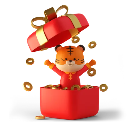 Tigre mignon dans une boîte cadeau rouge pleine de pièces de monnaie chinoises  3D Illustration