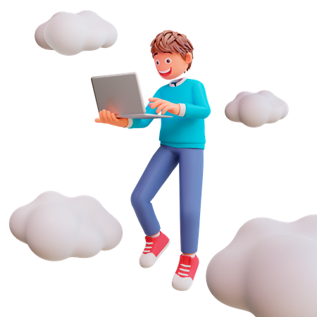 Joli garçon travaillant sur un ordinateur portable  3D Illustration