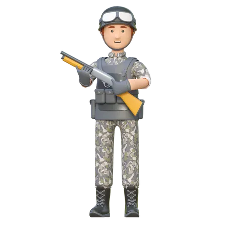 Militaire, tenue, fusil chasse  3D Illustration