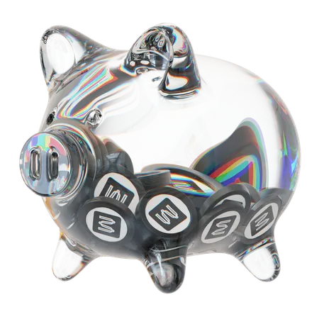 Mina Clear Glass Piggy Bank With Decreasing Piles Of Crypto Coins  3D Icon