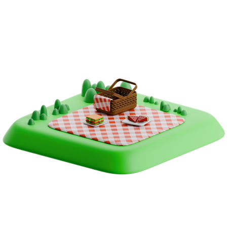 Miniatur-Picknick-Szene auf grüner Plattform  3D Icon