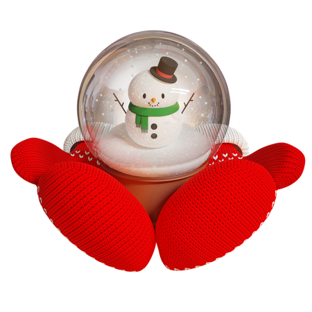 Des mitaines rouges tricotées tiennent une boule à neige souvenir avec un bonhomme de neige  3D Illustration