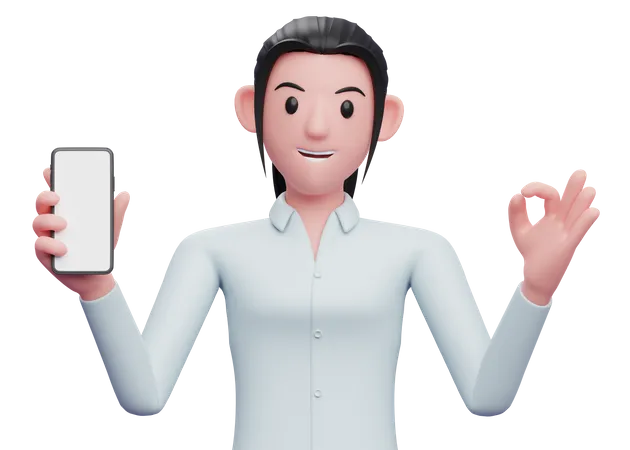 Eine Mitarbeiterin hält ein Mobiltelefon in der Hand und zeigt dabei eine OK-Geste  3D Illustration