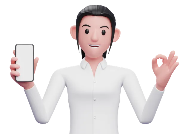 Eine Mitarbeiterin hält ein Mobiltelefon in der Hand und zeigt dabei eine OK-Geste  3D Illustration