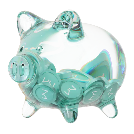 Mkr Clear Glass Piggy Bank With Decreasing Piles Of Crypto Coins  3D Icon