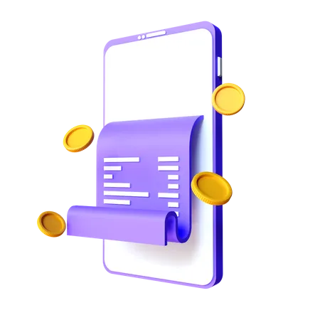 Paper Financial Bill Of Transaction Receipt Payment Icon Digital Invoice And Paycheck Coins And Banknotes Mobile Phone With Paper Bill 3 D Rendering Illustration 3D Illustration