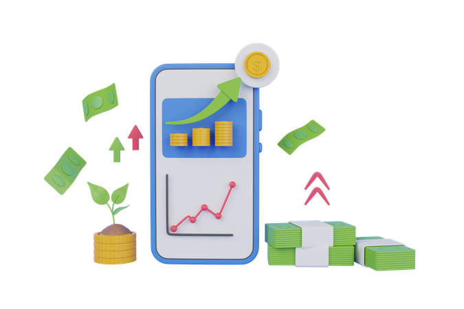 Mobile financial investment growth 3D Illustration