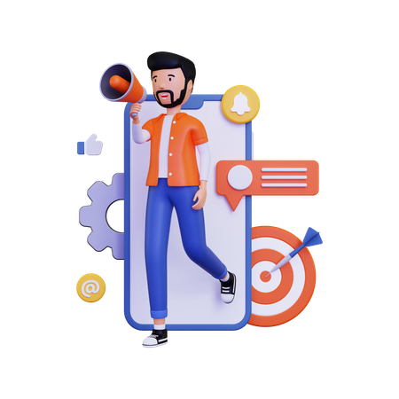 Mobile marketing with holding megaphone loudspeaker and dartboard  3D Icon