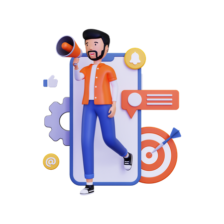 Mobile marketing with holding megaphone loudspeaker and dartboard  3D Illustration