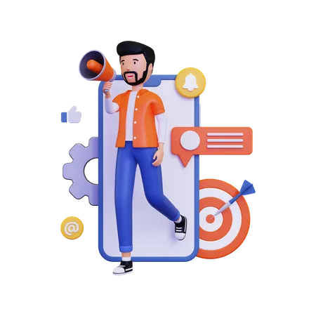 Mobile marketing with holding megaphone loudspeaker and dartboard  3D Illustration