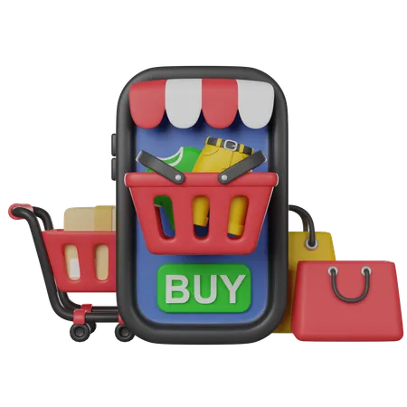 Shopping Online Mobile Application Phone With Buy Button Shop Basket Clothes And Bags 3 D Render Icon 3D Icon
