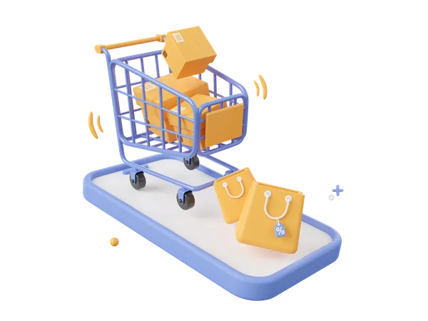 3 D Cartoon Design Illustration Of Smartphone With Shopping Cart And Parcel Box Shopping Bag With Discount Tag Shopping Online On Mobile Concept 3D Icon