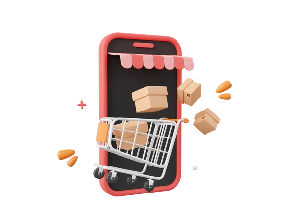 3 D Cartoon Design Illustration Of Smartphone With Shopping Cart And Parcel Box Shopping Online On Mobile Concept 3D Icon