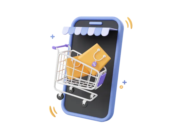 3 D Cartoon Design Illustration Of Smartphone And Shopping Bags With Discount Tag Shopping Online On Mobile Concept 3D Icon