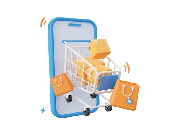 3 D Cartoon Design Illustration Of Smartphone And Parcel Box With Shopping Bags Shopping Online On Mobile Concept 3D Icon